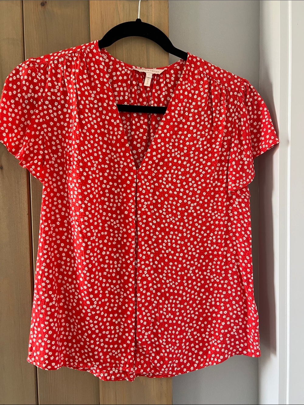 Rebecca Taylor Red Floral Split-Neck Short Sleeve Blouse